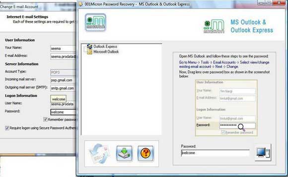 Screenshot of Outlook Mail Password Unmask Tool