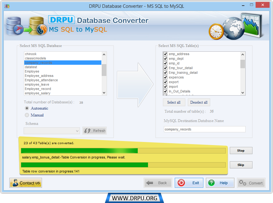 Progrès de conversion de base de données