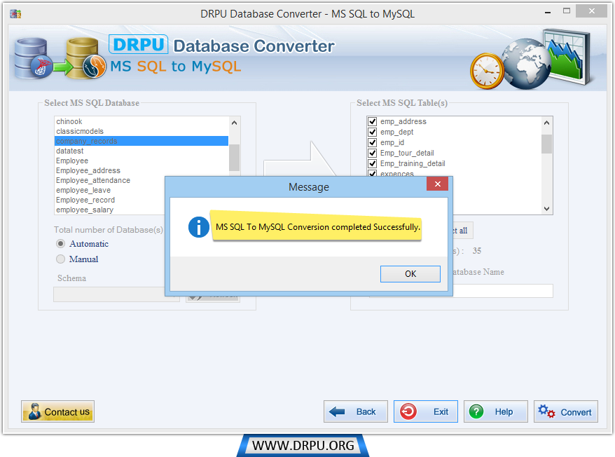 Conversione MSSQL MySQL completato con successo