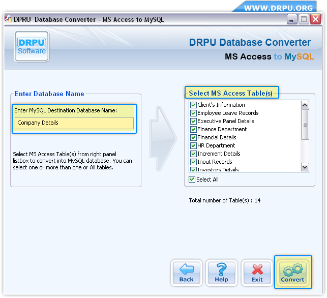 Sélectionnez la table MS Access