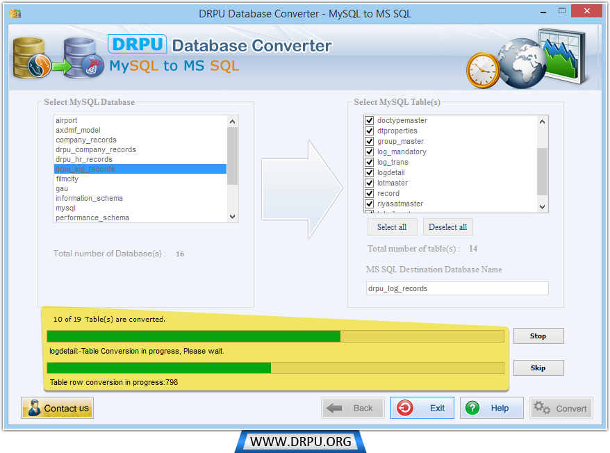 Il progresso di conversione di database